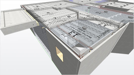 CAD-Planung von Doppelwänden, Elementdecken, Balkon und Treppe in einem Modell